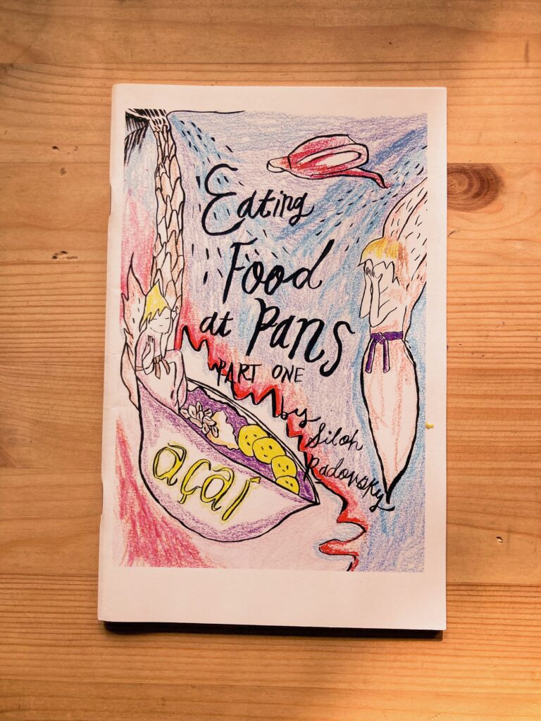 Cover of a zine called Eating Food at Pans - colorful drawing of an angel and an acai bowl