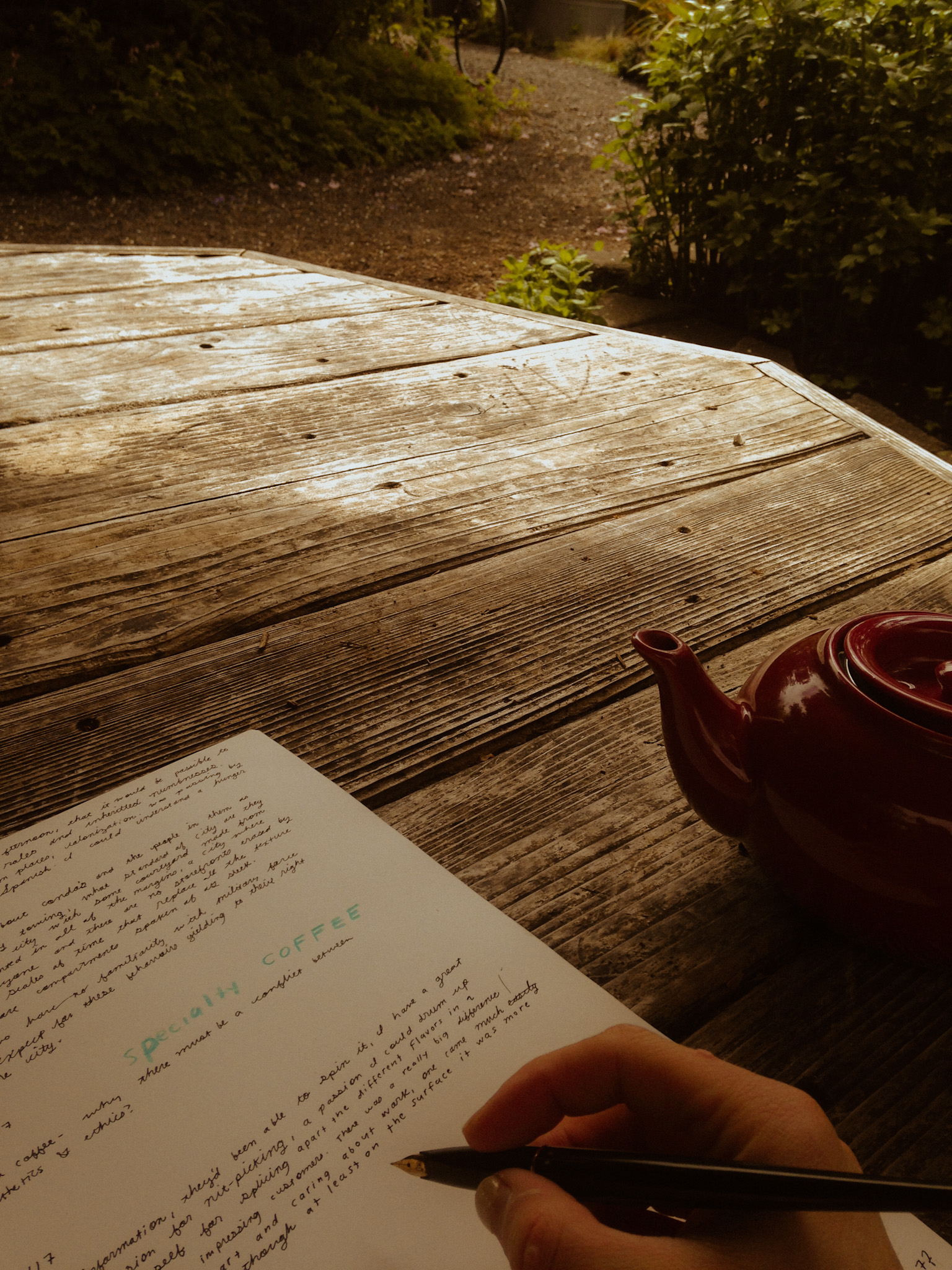 Siloh writing in a notebook on a picnic table with a pot of tea